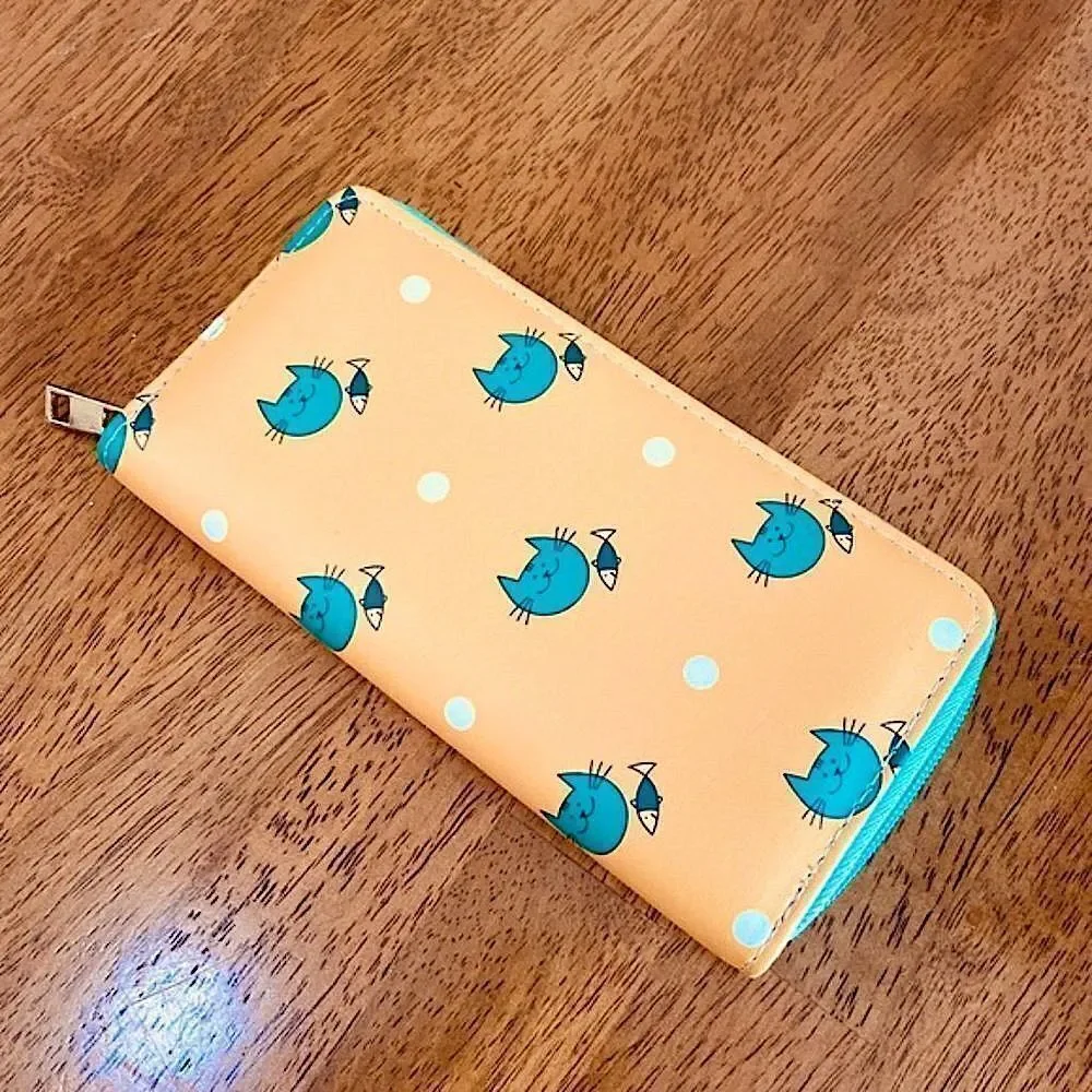 Kawaii Cat & Fish Polka Dot Zip Around Wallet Organizer Yellow Teal NWT